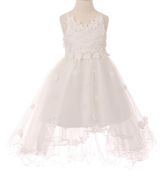 White High-Low Tulle Dress with Embedded 3D Floral Design | Flower Girl Dress - front view of dress