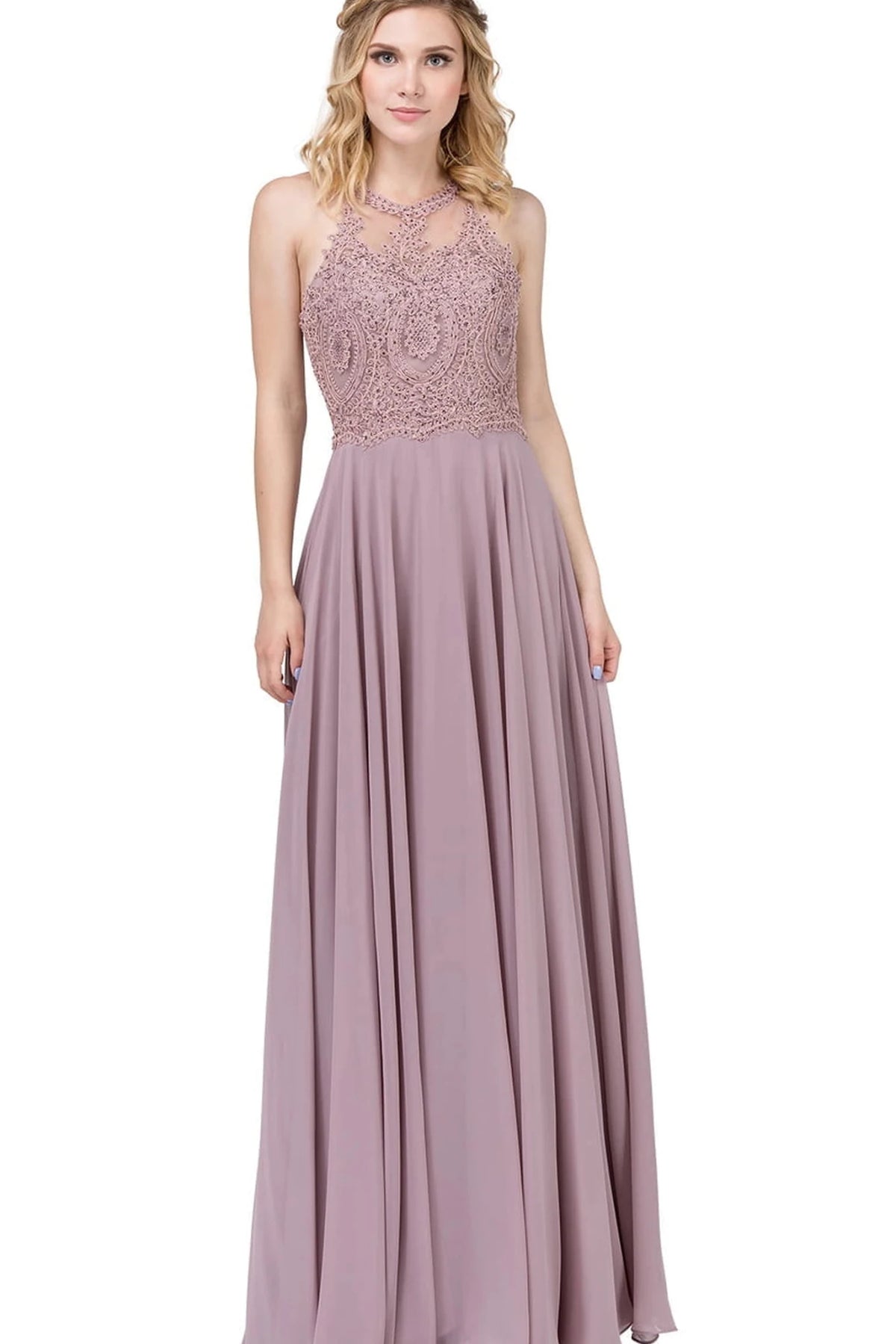 Featuring a floor-length skirt, this Mocha prom dress is shown in full view.