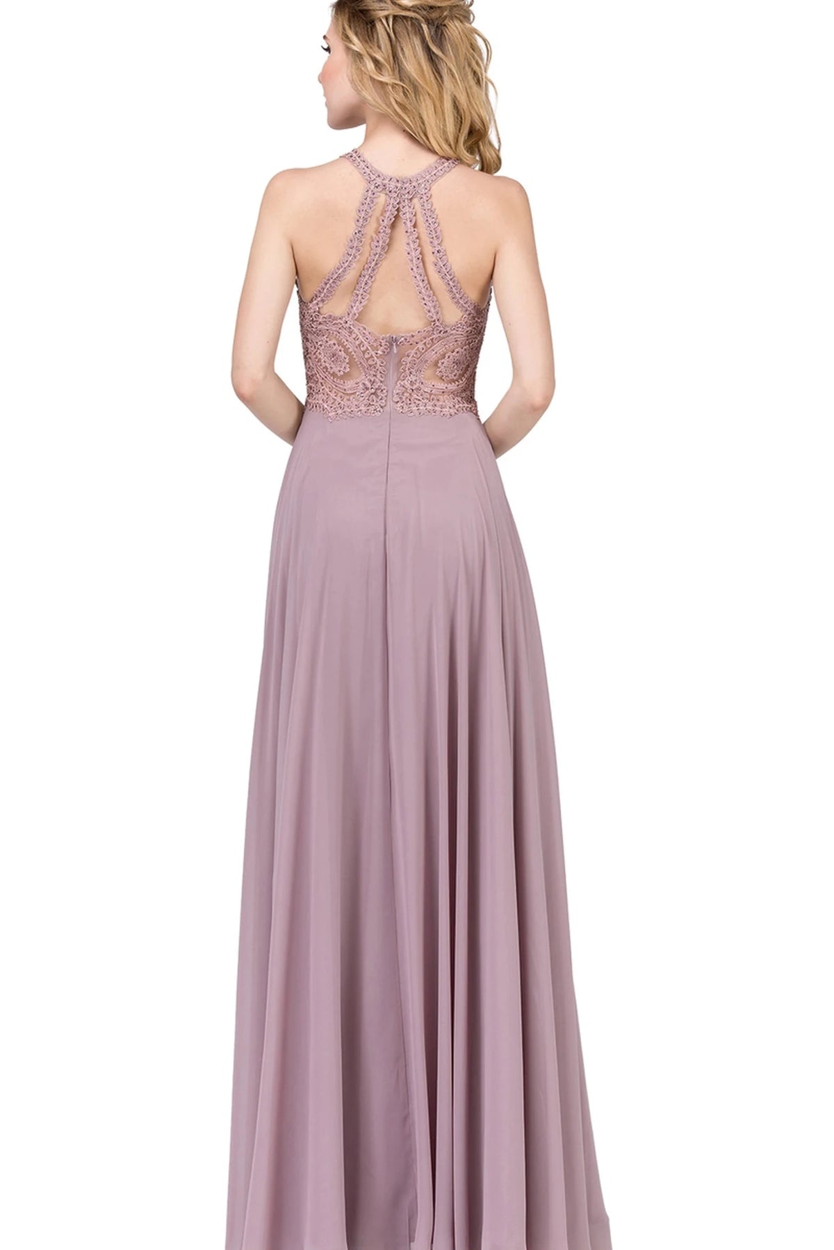 From the back, the Mocha prom dress reveals its floor-length skirt.