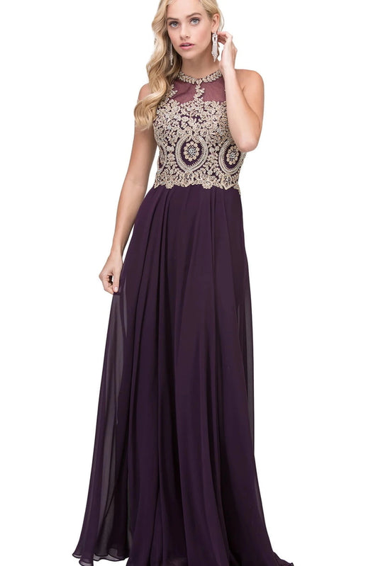 Featuring a floor-length skirt, this Plum prom dress is shown in full view.