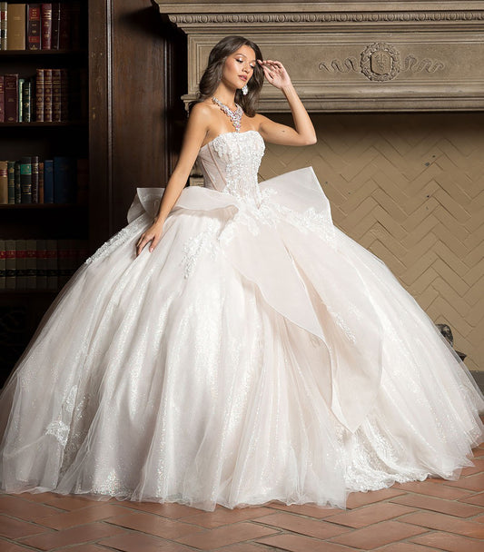 Ivory Bodice with Beaded Embellishments and Train Sash with Detachable Long Puff Sleeves side 