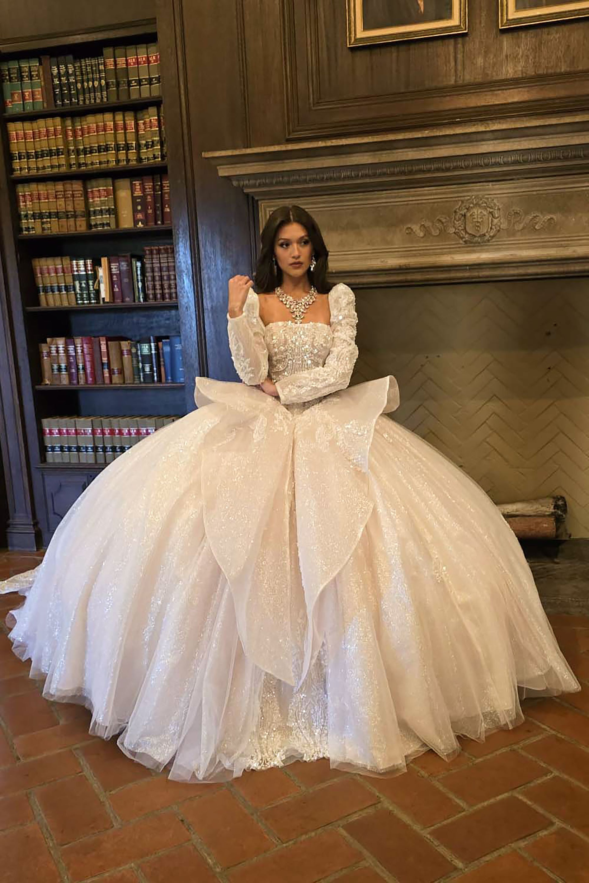 Quinceañera | Ivory Bodice with Beaded Embellishments and Train Sash with Detachable Long Puff Sleeves | Rosa dress front view