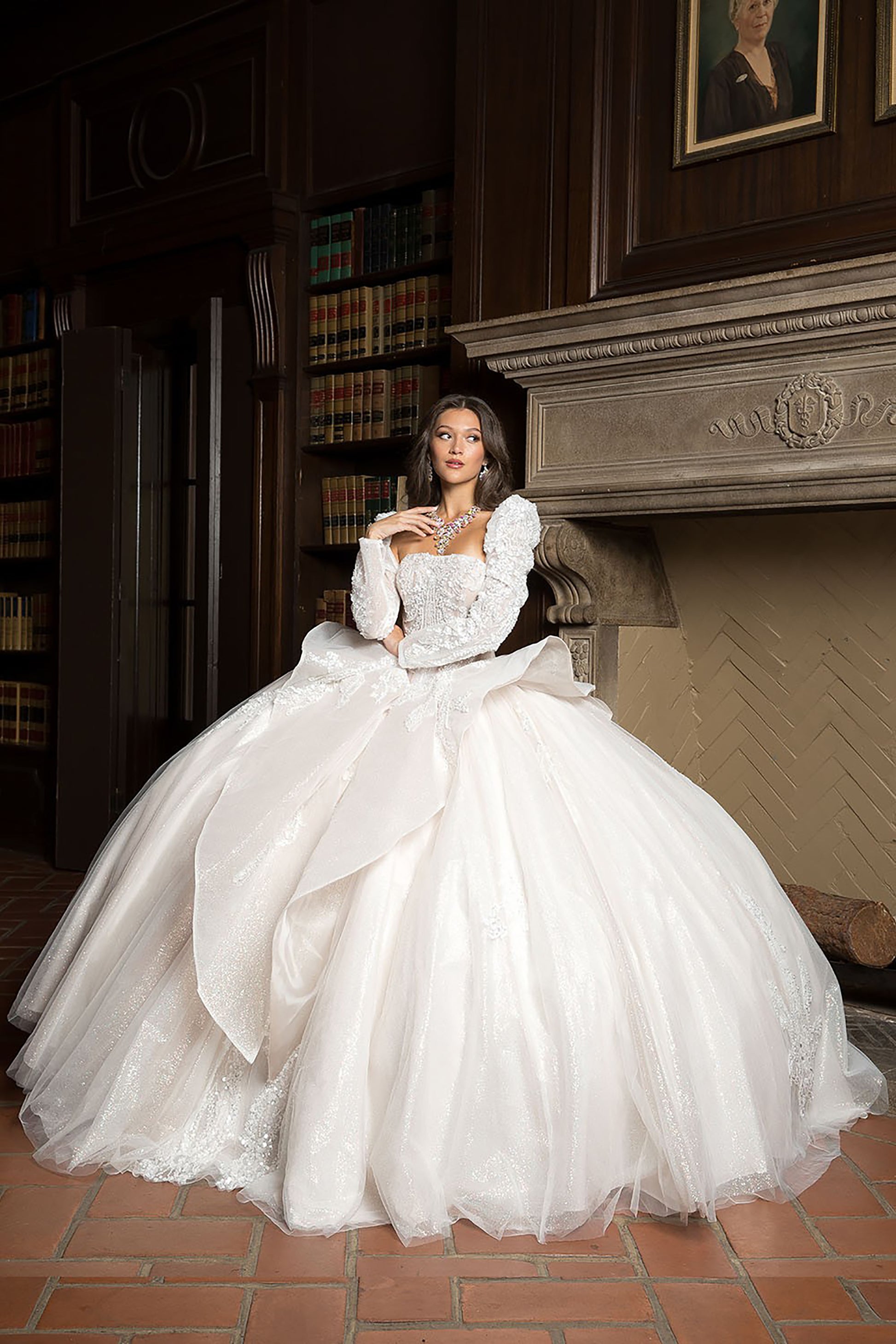 Ivory Bodice with Beaded Embellishments and Train Sash with Detachable Long Puff Sleeves whole view