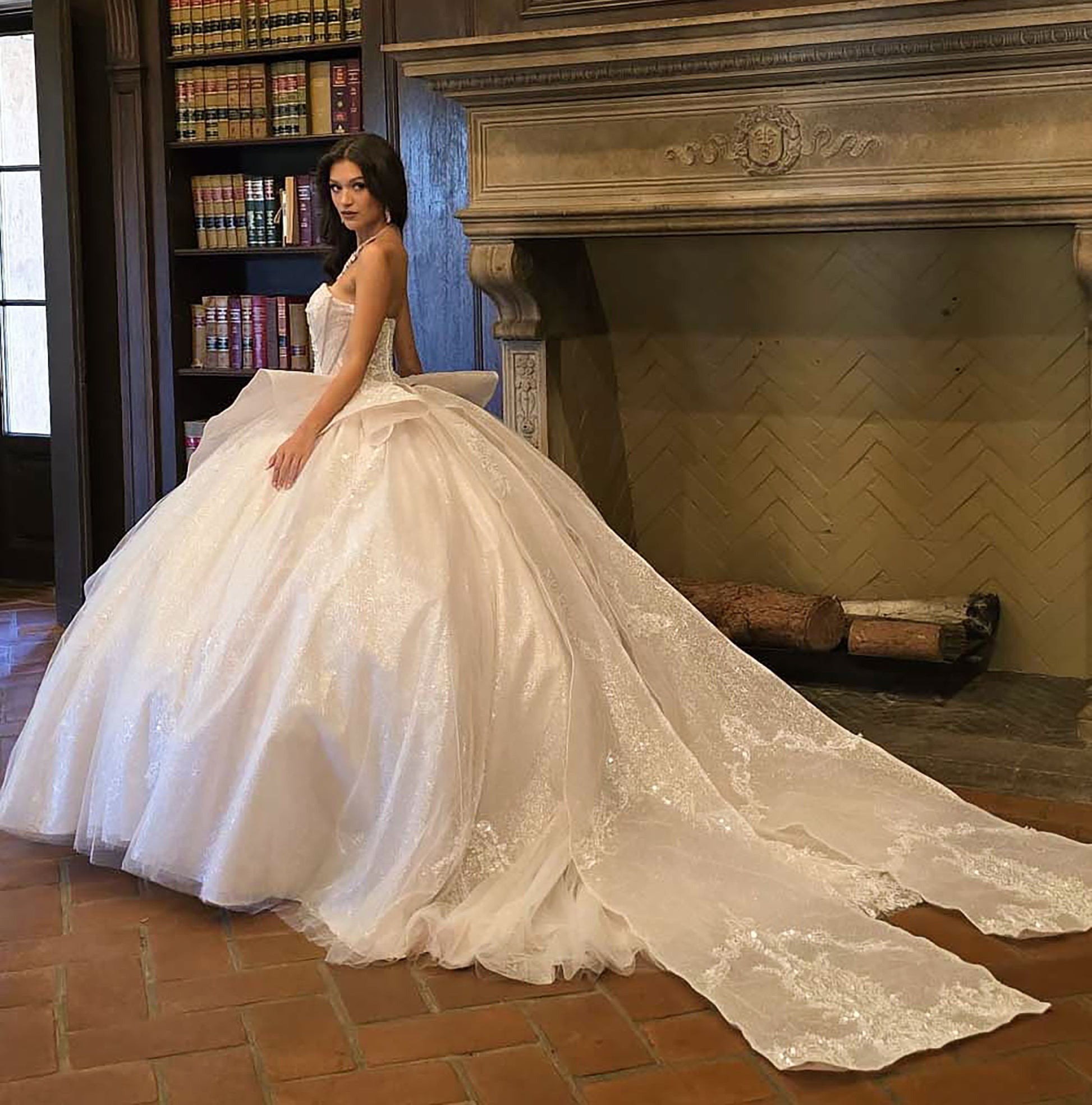 Quinceañera | Ivory Bodice with Beaded Embellishments and Train Sash with Detachable Long Puff Sleeves | Rosa dress side view