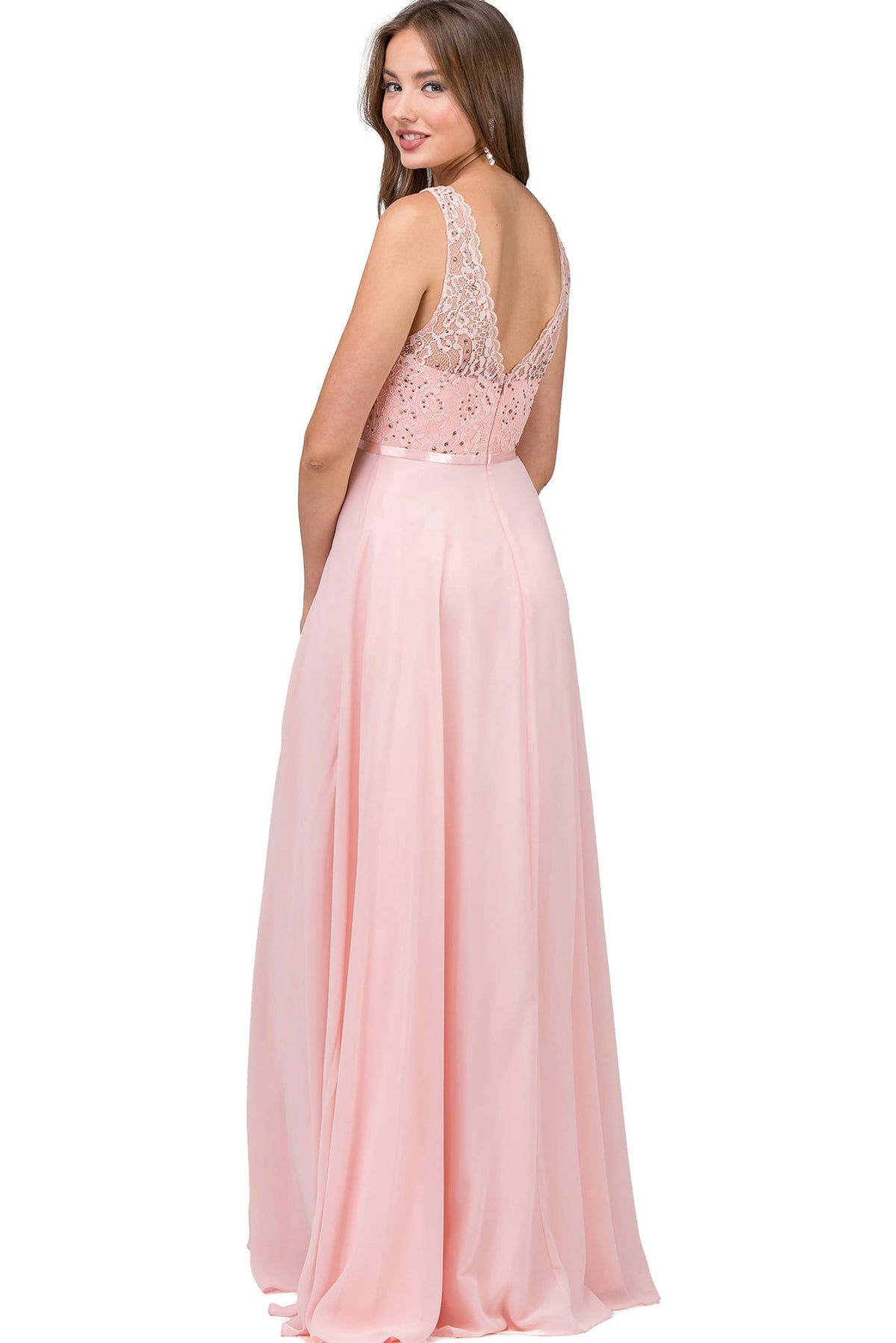 Featuring a floor-length skirt, this Blush prom dress is shown in full view.