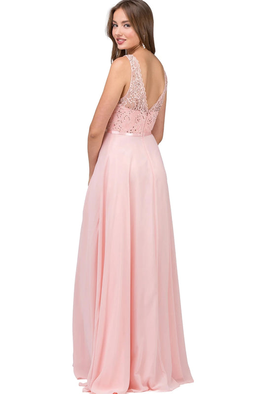 Featuring a floor-length skirt, this Blush prom dress is shown in full view.