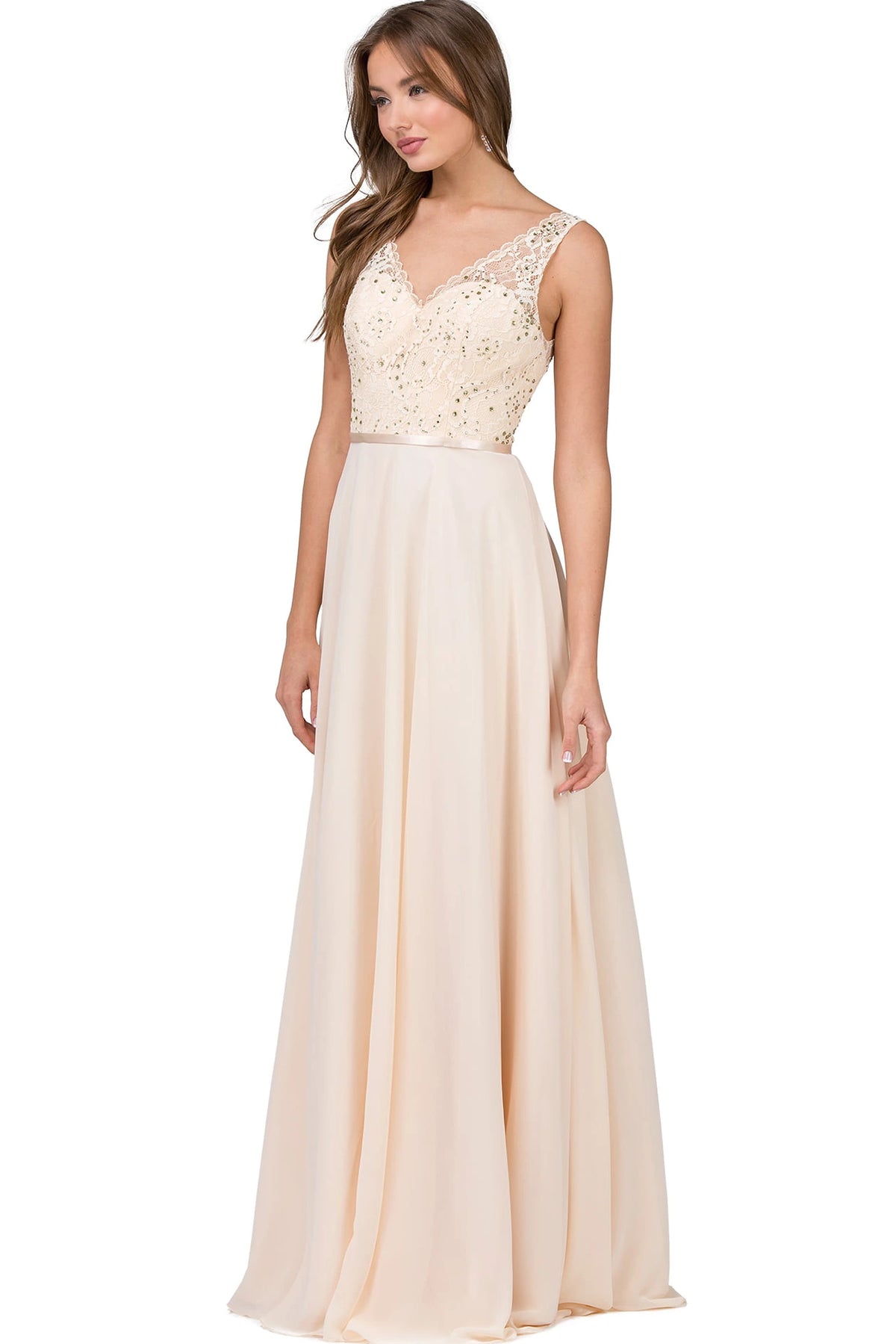 Featuring a floor-length skirt, this Champagne prom dress is shown in full view.