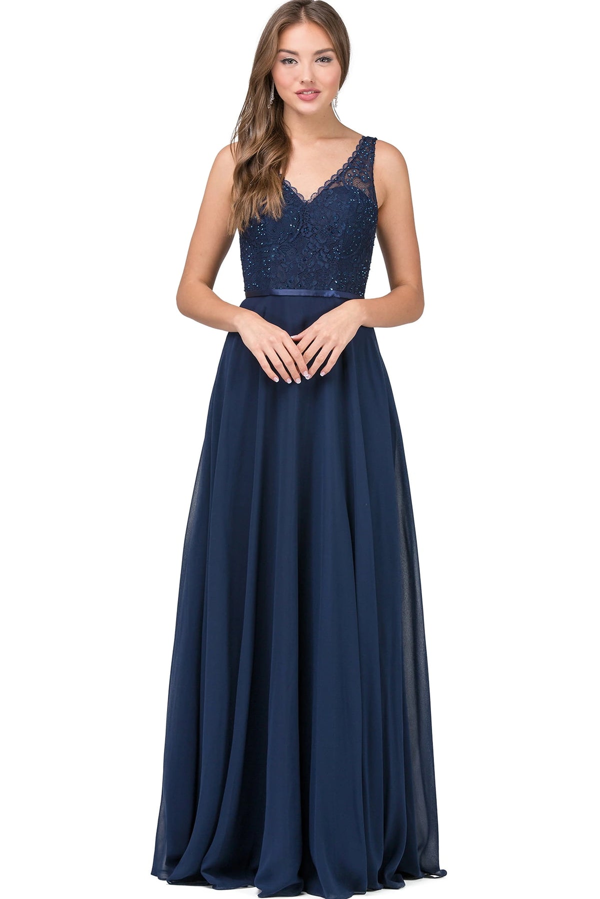 Featuring a floor-length skirt, this Navy prom dress is shown in full view.