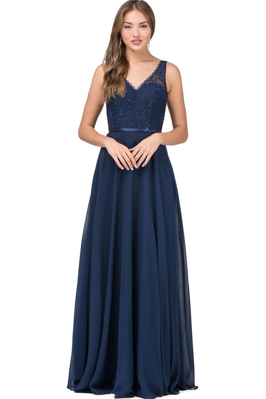 Featuring a floor-length skirt, this Navy prom dress is shown in full view.