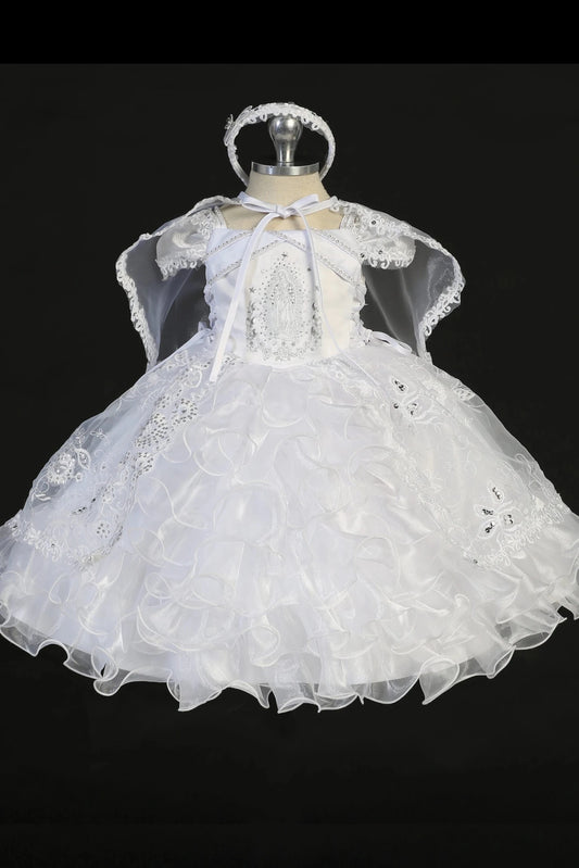 White christening dress with double spaghetti straps and rhinestone accents.