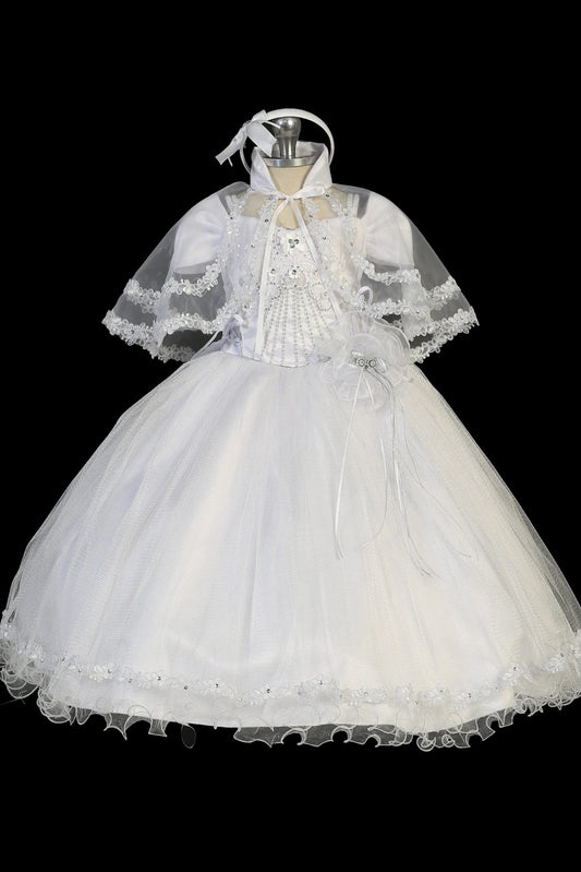White baptism dress with lace bodice with double straps and rhinestone accents.