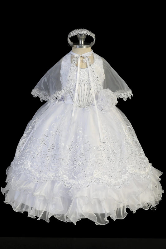 White christening dress with embroidered lace bodice with rhinestone accents.