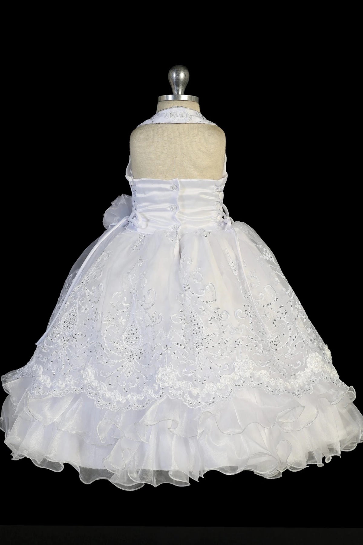 Back view of the White christening dress showing side ties and halter back.