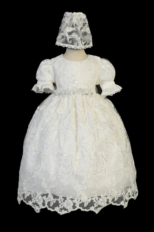 Ivory christening dress with poly shantung and lace bodice with puff sleeves.