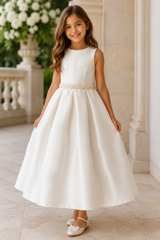 An ivory full satin flower girl dress with pearl belt. Also suitable as a communion dress. Also suitable as a baptism dress.