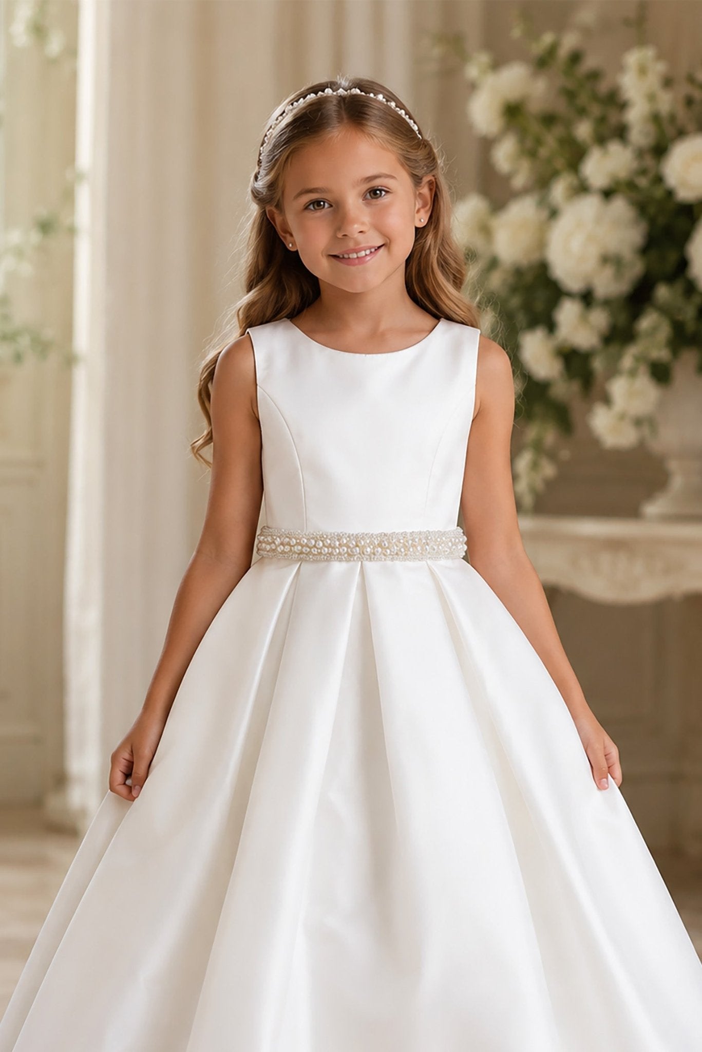 ivory fully satin flower girl dress with detachable pearl belt. Also suitable as a communion dress. Also suitable as a baptism dress.