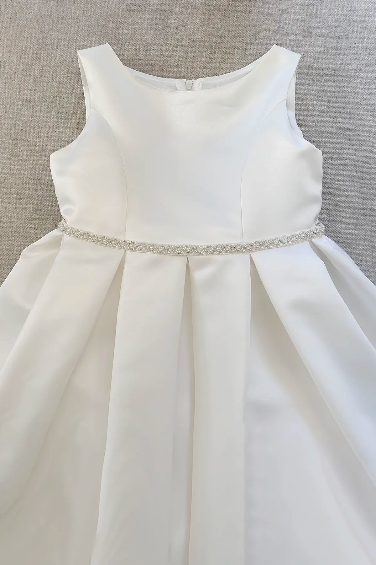 full satin girls formal flower girl dress with delicate pearl embellishments and flowing A-line silhouette. Also suitable as a communion dress. Also suitable as a baptism dress.
