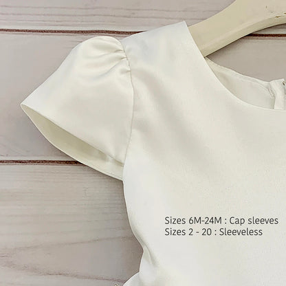 Ivory satin dress with cap sleeves and round neckline