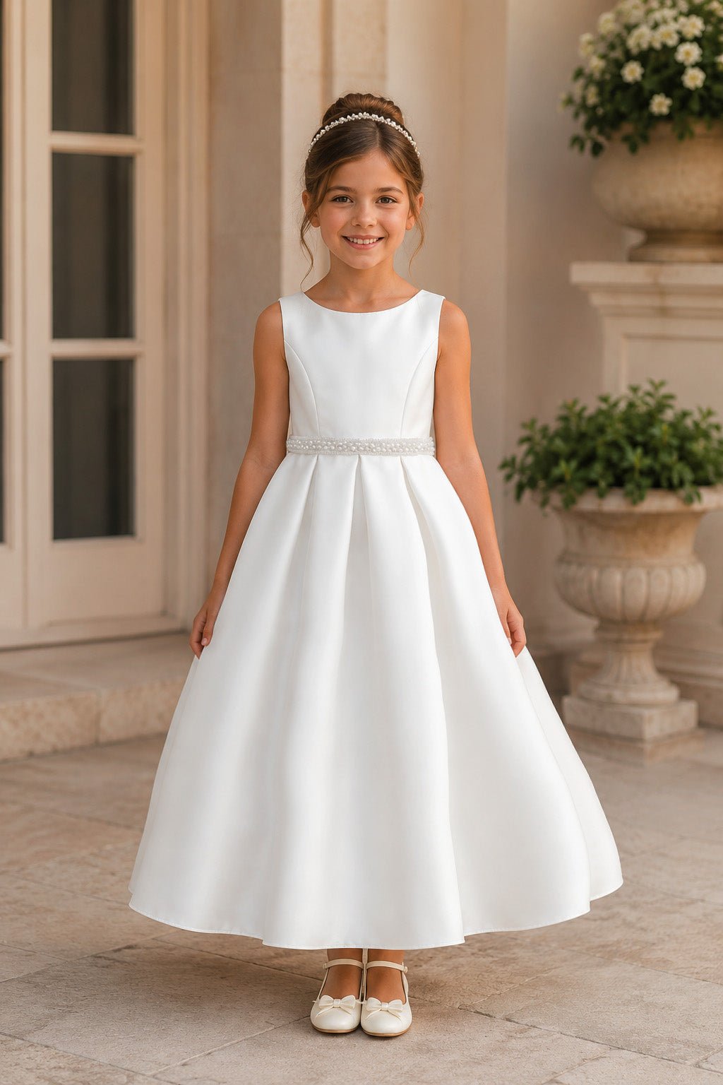 white satin ankle-length flower girl dress with pearl belt. Also suitable as a communion dress. Also suitable as a baptism dress.