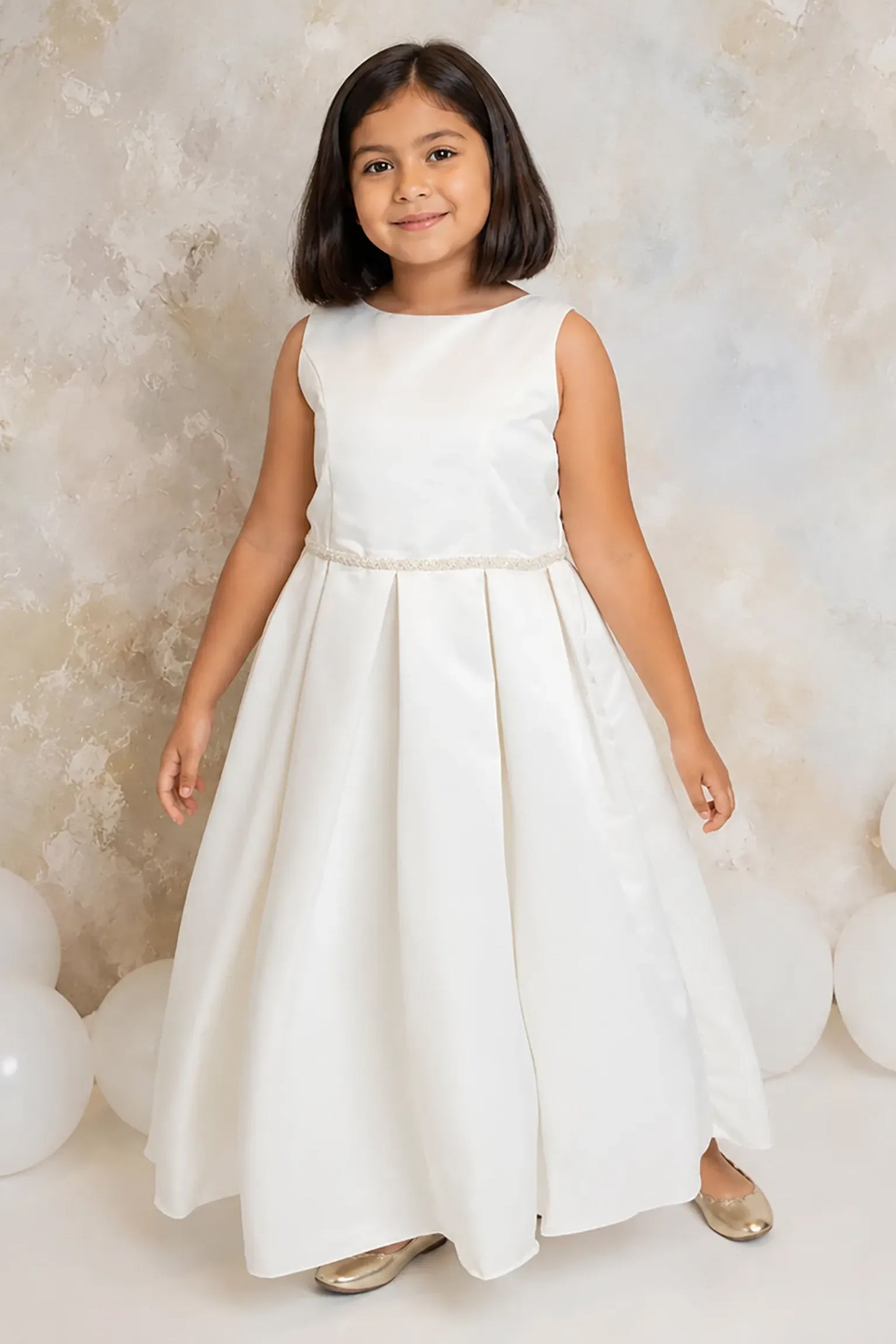 Front view of white Ivory Full Satin Kids's Formal flower girl dress with Rhinestone Detail.