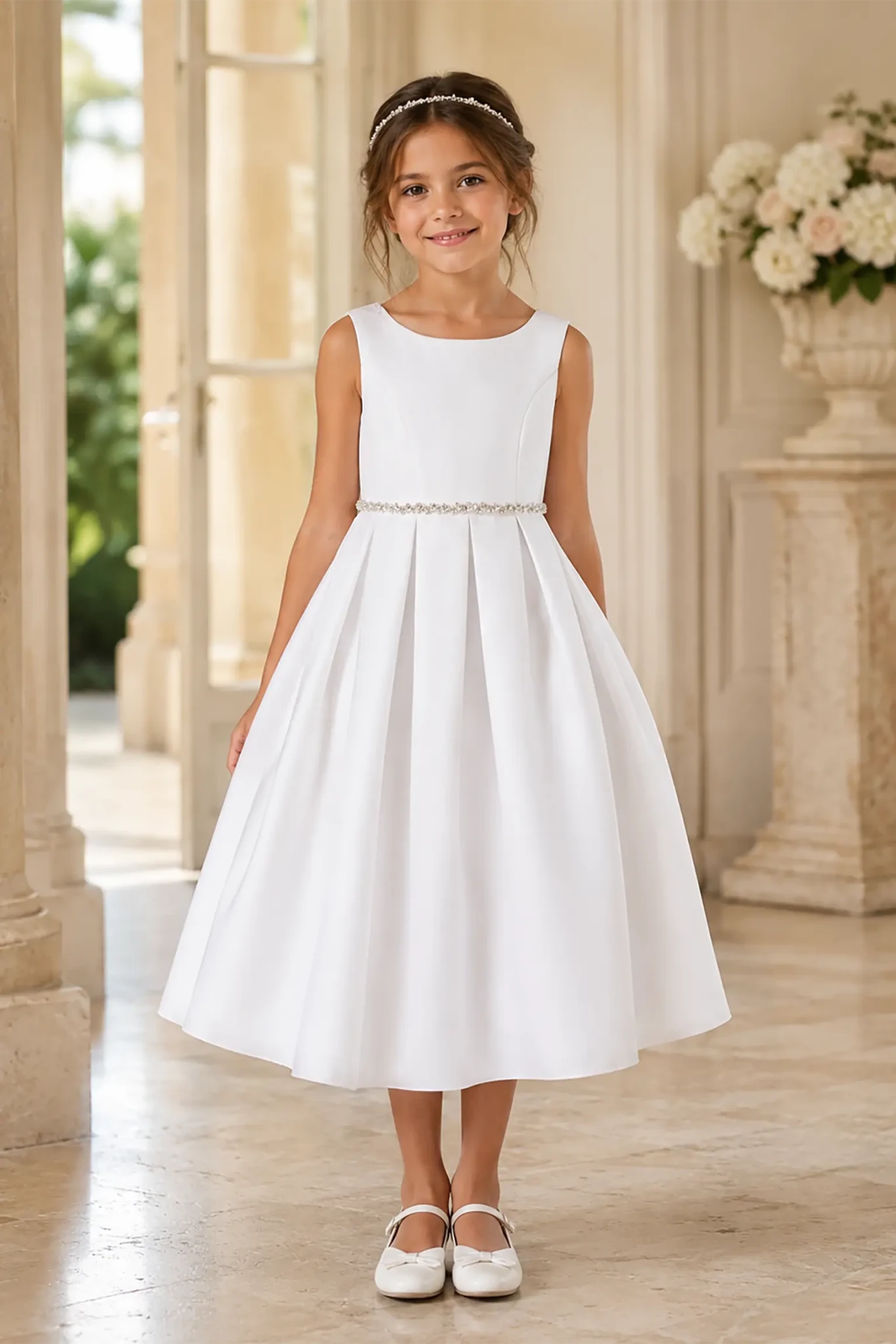 girl wearing a white satin dress with rhinestone detail