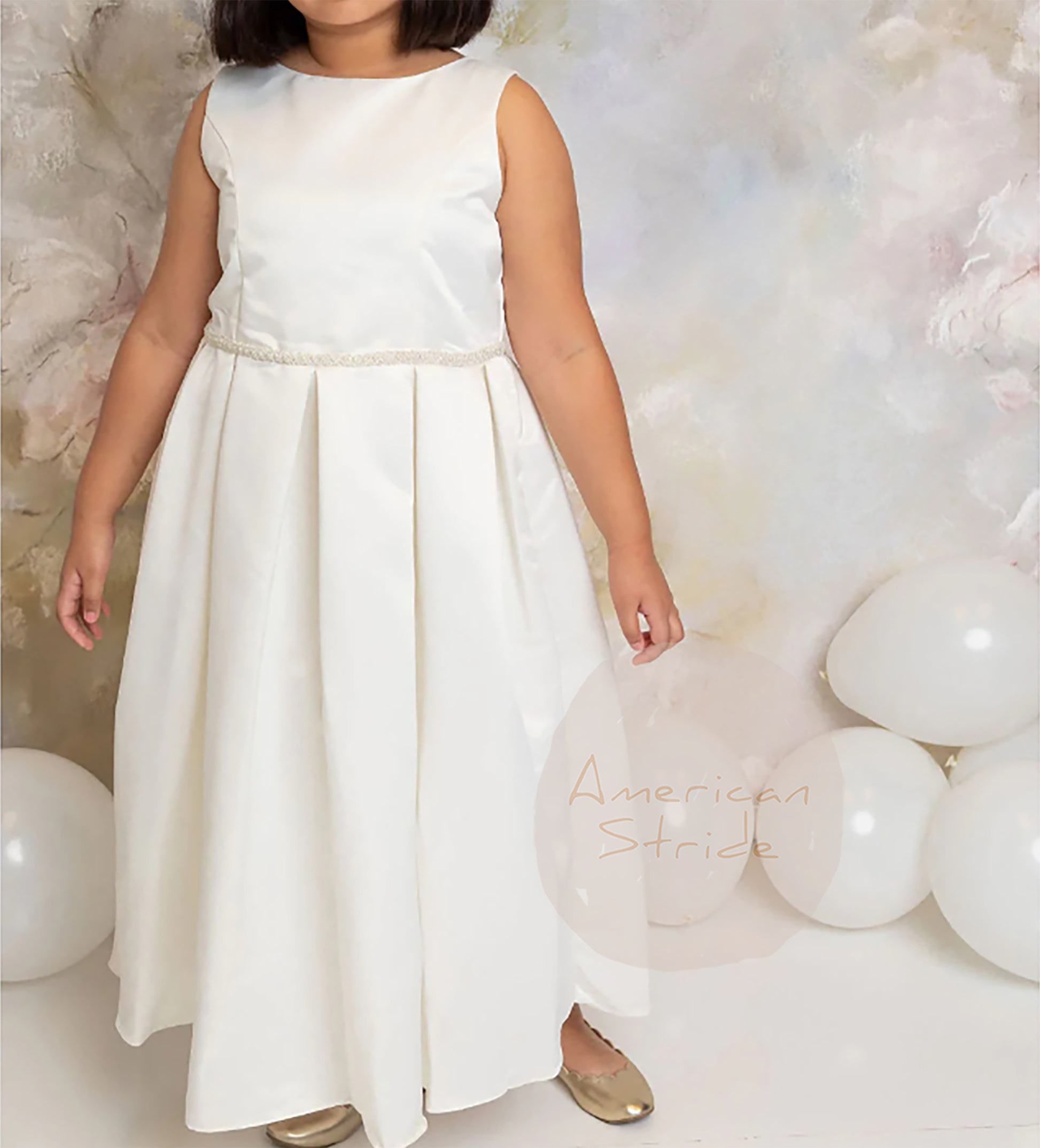 USA Made | Classic Dull Satin Dress with Attached Rhinestone/Pearl Detail | Flower Girl, Communion, Baptism Dress | Size 6M - Teen | Lynda dress A girl in a dress