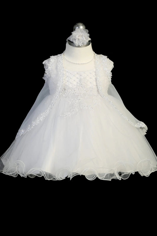 White christening dress with textured bodice with an illusion neckline and pearl accents.