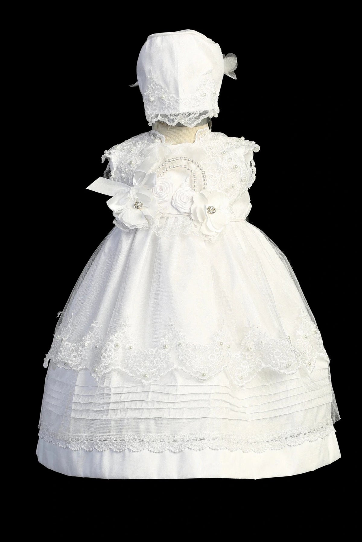 Ivory christening dress with lace bodice with scattered pearls.