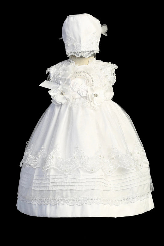Ivory christening dress with lace bodice with scattered pearls.