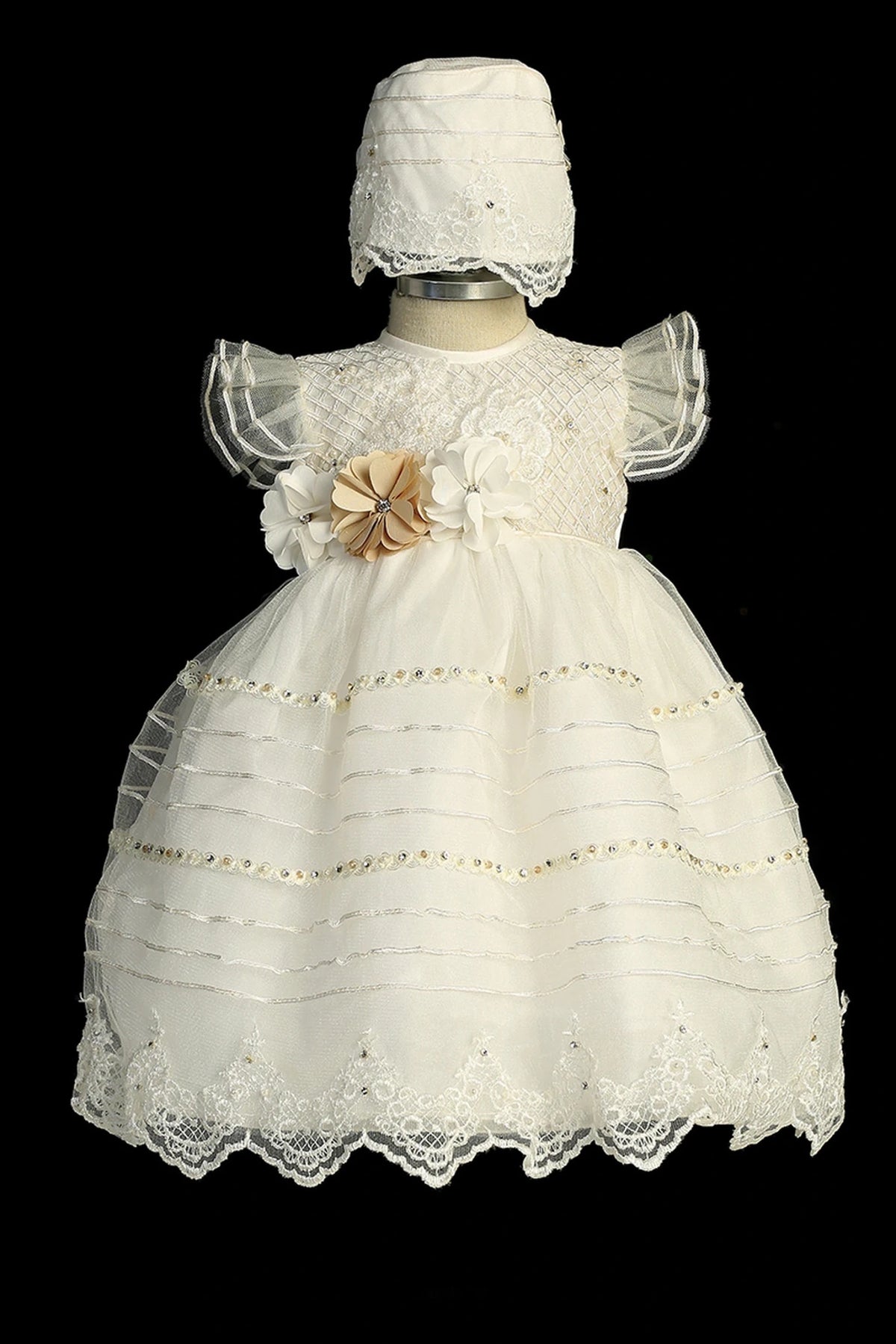 Ivory christening dress with textured poly shantung bodice and tulle flutter sleeves.