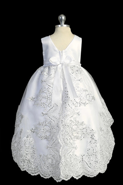 Back view of the White baptism dress showing V-shaped back and bow detail.
