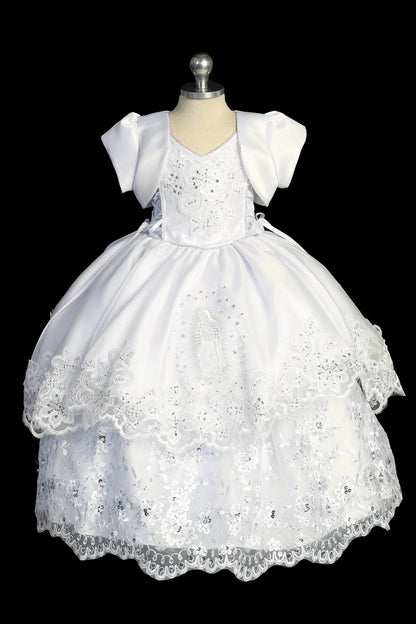 White baptism dress with satin-and-lace bodice and Virgin Mary skirt embroidery.