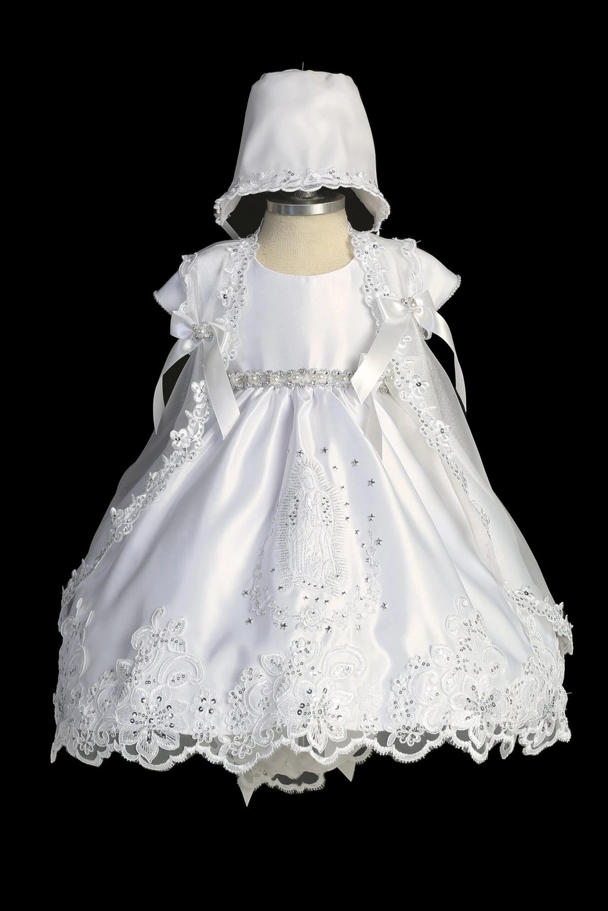 White christening dress with cap-sleeved satin bodice and a pearl waist accent.
