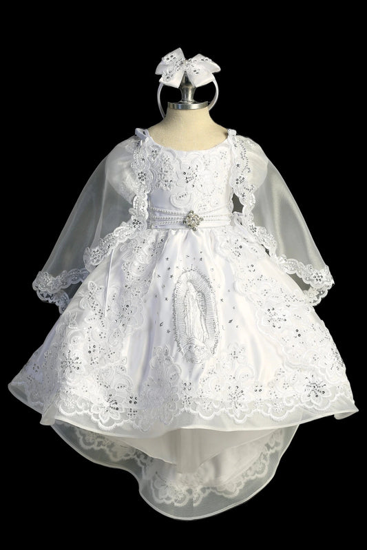 White baptism dress with cap-sleeved lace bodice and an embellished waist.