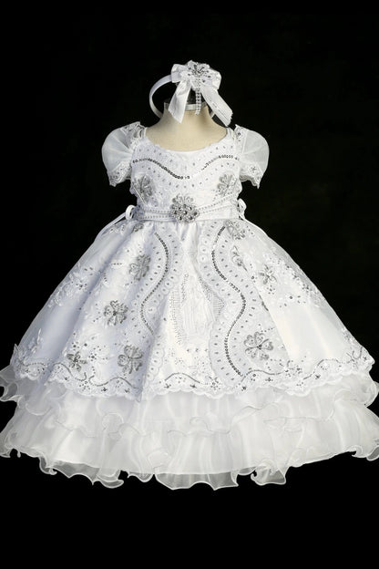 White baptism dress with sweetheart neckline with floral lace embroidery and sequins.