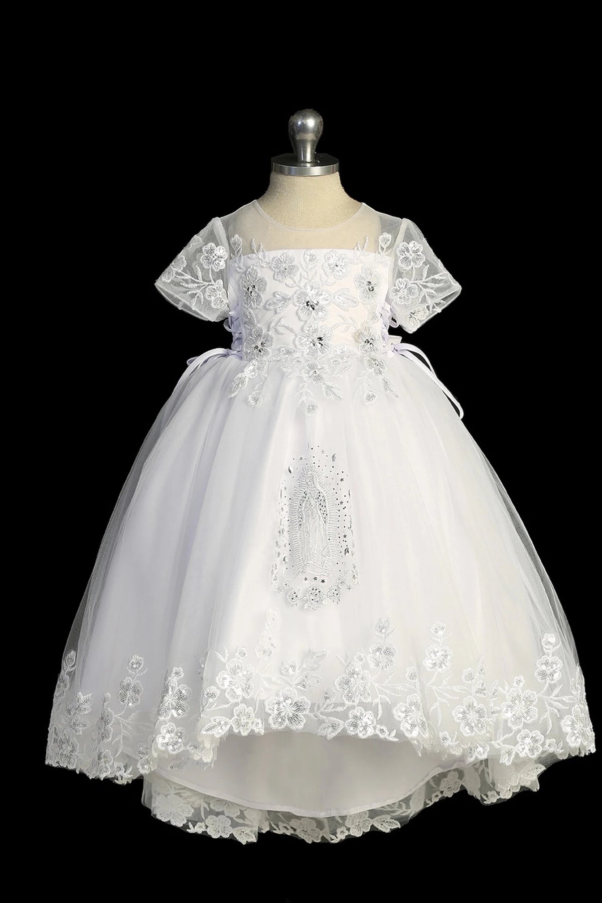 White baptism dress with short-sleeved illusion lace bodice with sequins.