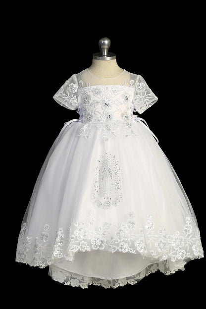 White baptism dress with short-sleeved illusion lace bodice with sequins.