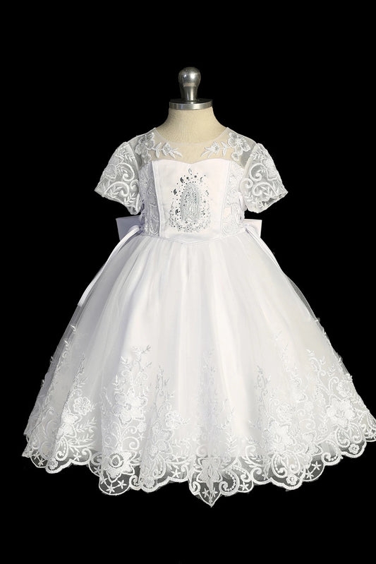White baptism dress with short-sleeved illusion lace bodice with Virgin Mary embroidery.