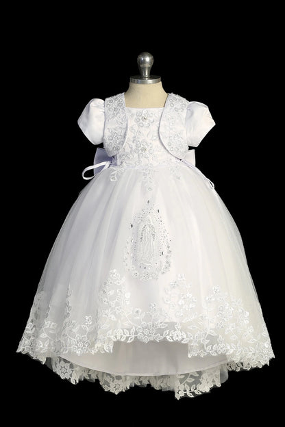 White baptism dress with lace bodice with tab straps.