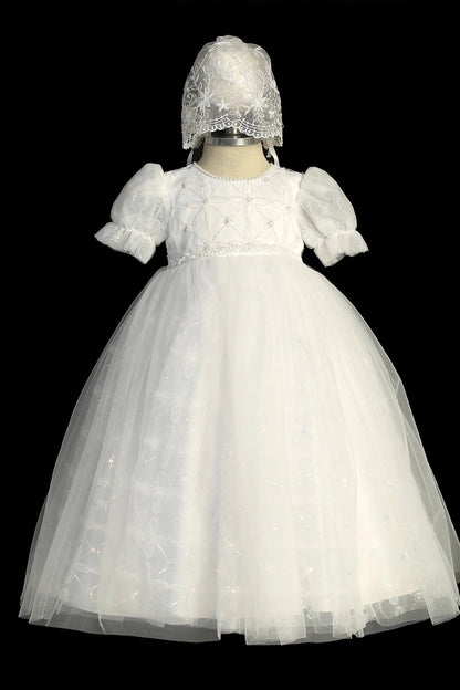 Ivory christening dress with short puff sleeves and a sequin-and-pearl bodice.