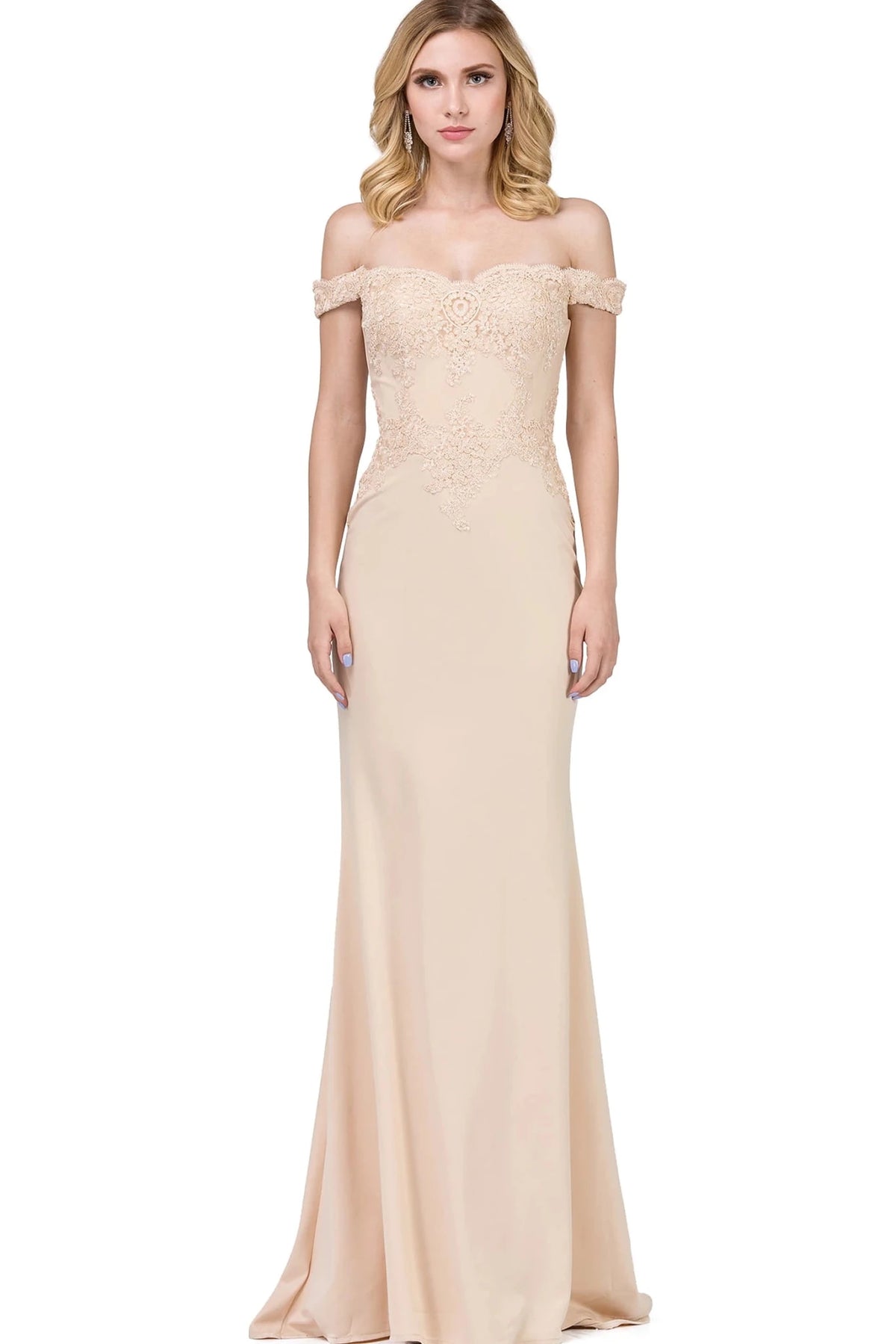Featuring a floor-length skirt, this Champagne prom dress is shown in full view.