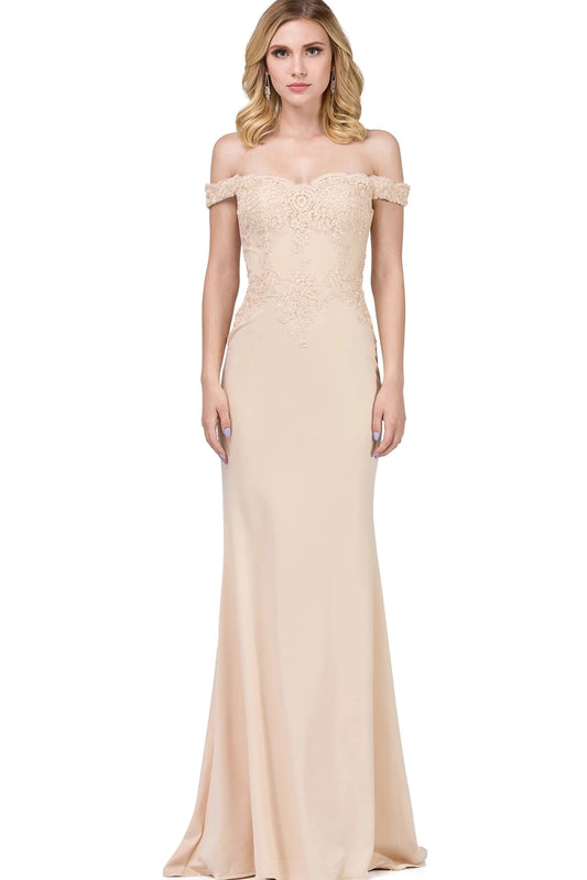 Featuring a floor-length skirt, this Champagne prom dress is shown in full view.