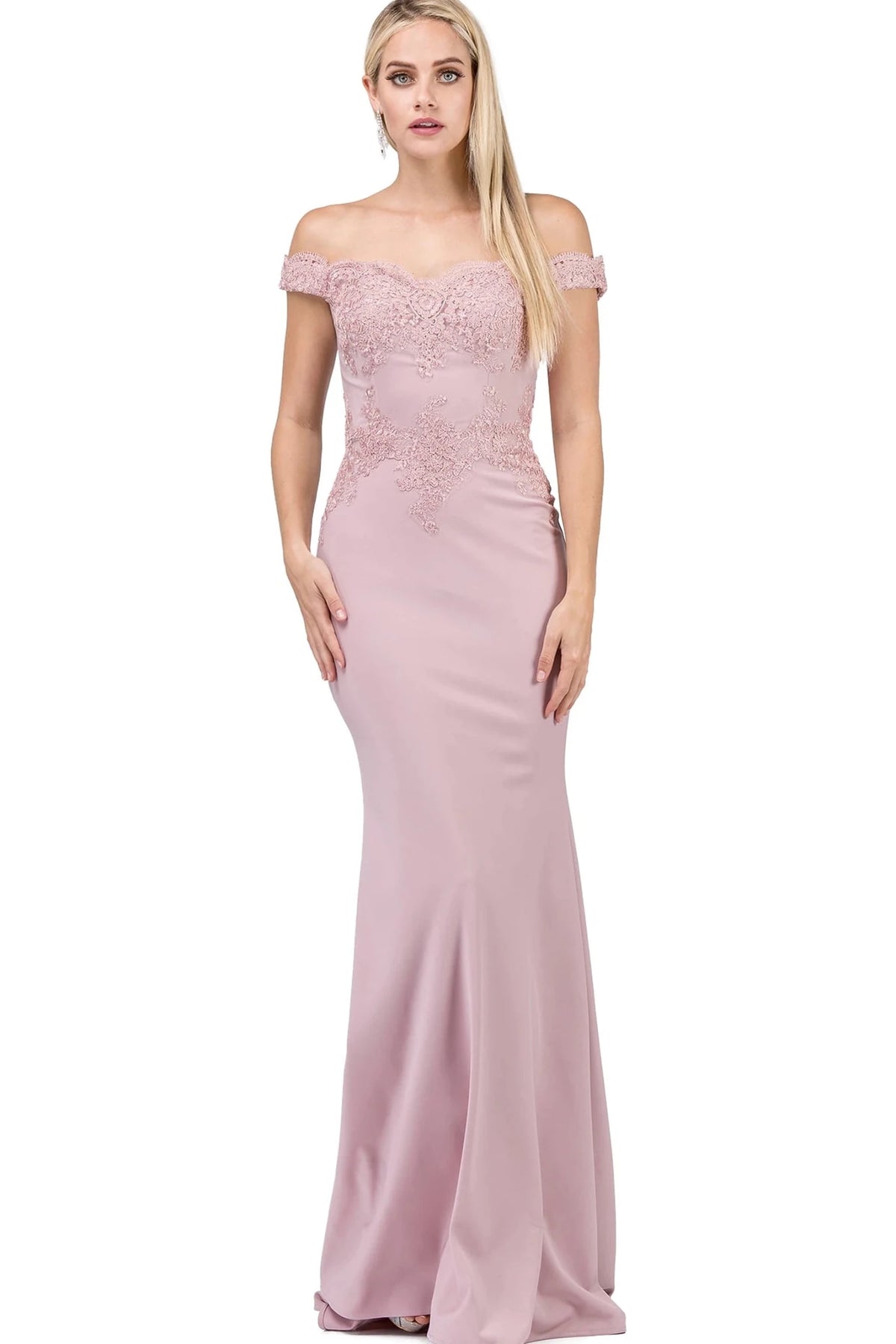 Featuring a floor-length skirt, this Dusty Pink prom dress is shown in full view.