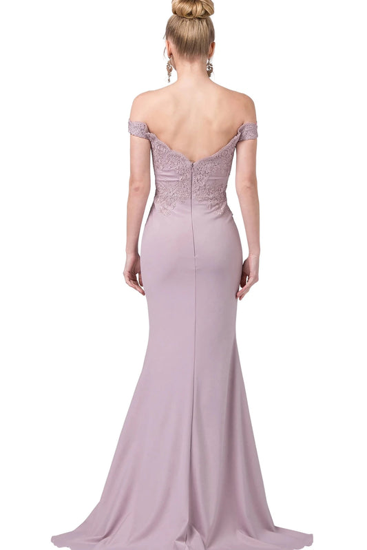 Featuring a floor-length skirt, this Mocha prom dress is shown in full view.