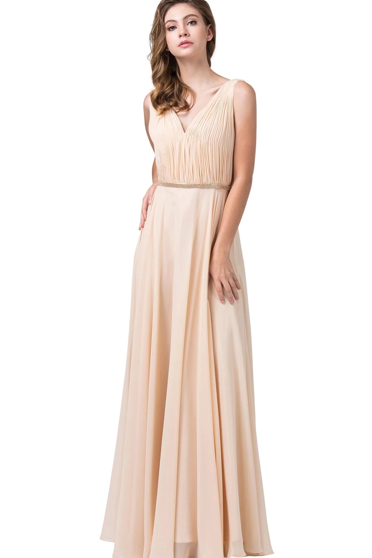 Featuring a floor-length skirt, this Champagne prom dress is shown in full view.