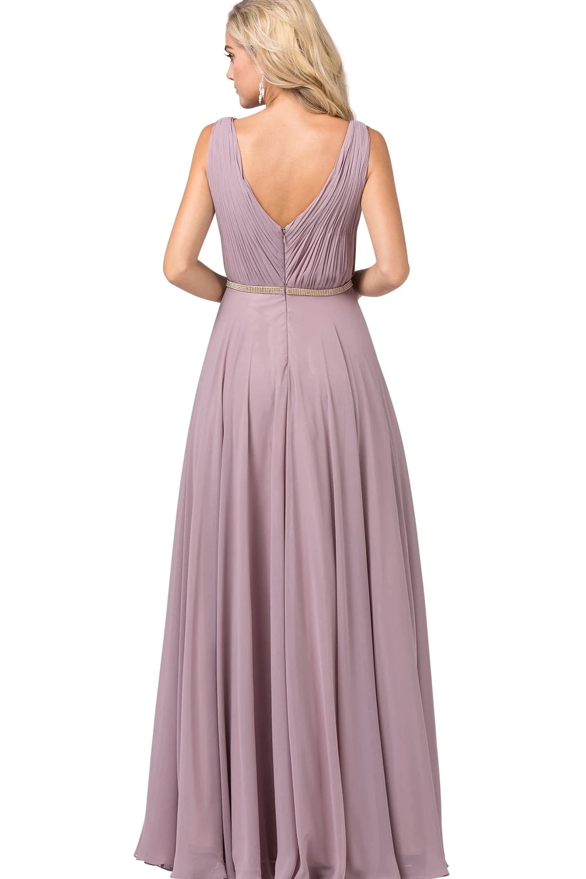 Featuring a floor-length skirt, this Mocha prom dress is shown in full view.
