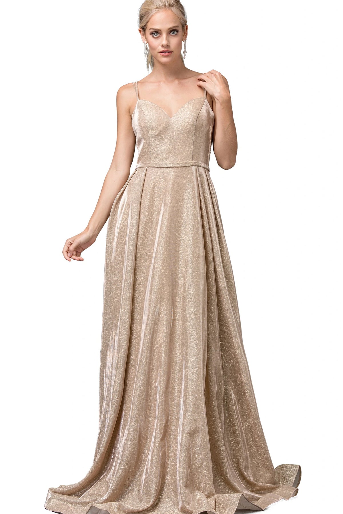 Featuring a floor-length skirt, this Champagne prom dress is shown in full view.