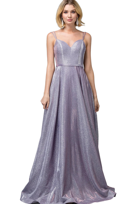 Featuring a floor-length skirt, this Lilac prom dress is shown in full view.