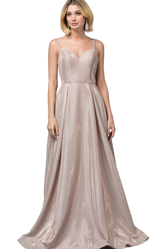 Featuring a floor-length skirt, this Rose Gold prom dress is shown in full view.