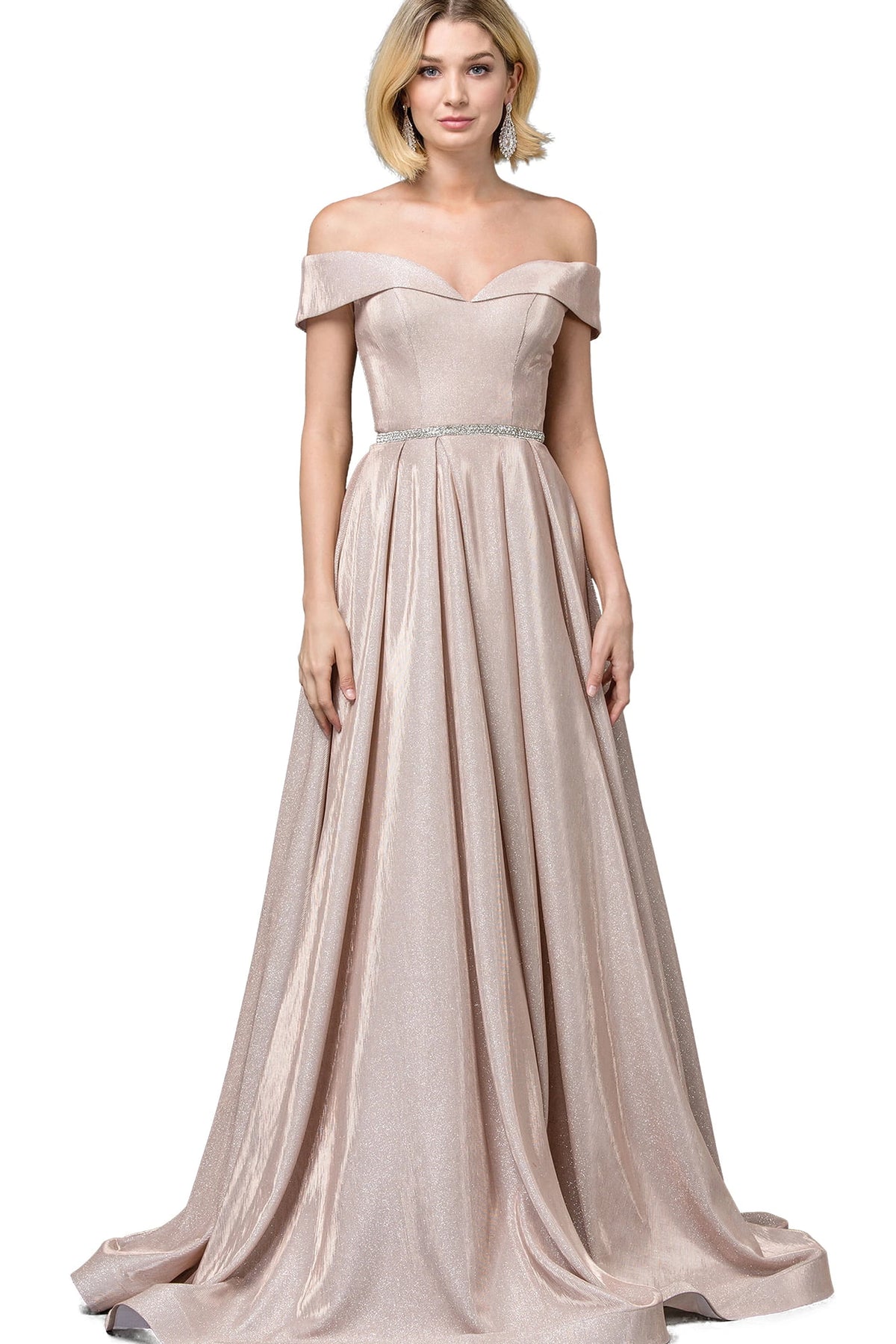 Featuring a floor-length skirt, this Gold prom dress is shown in full view.